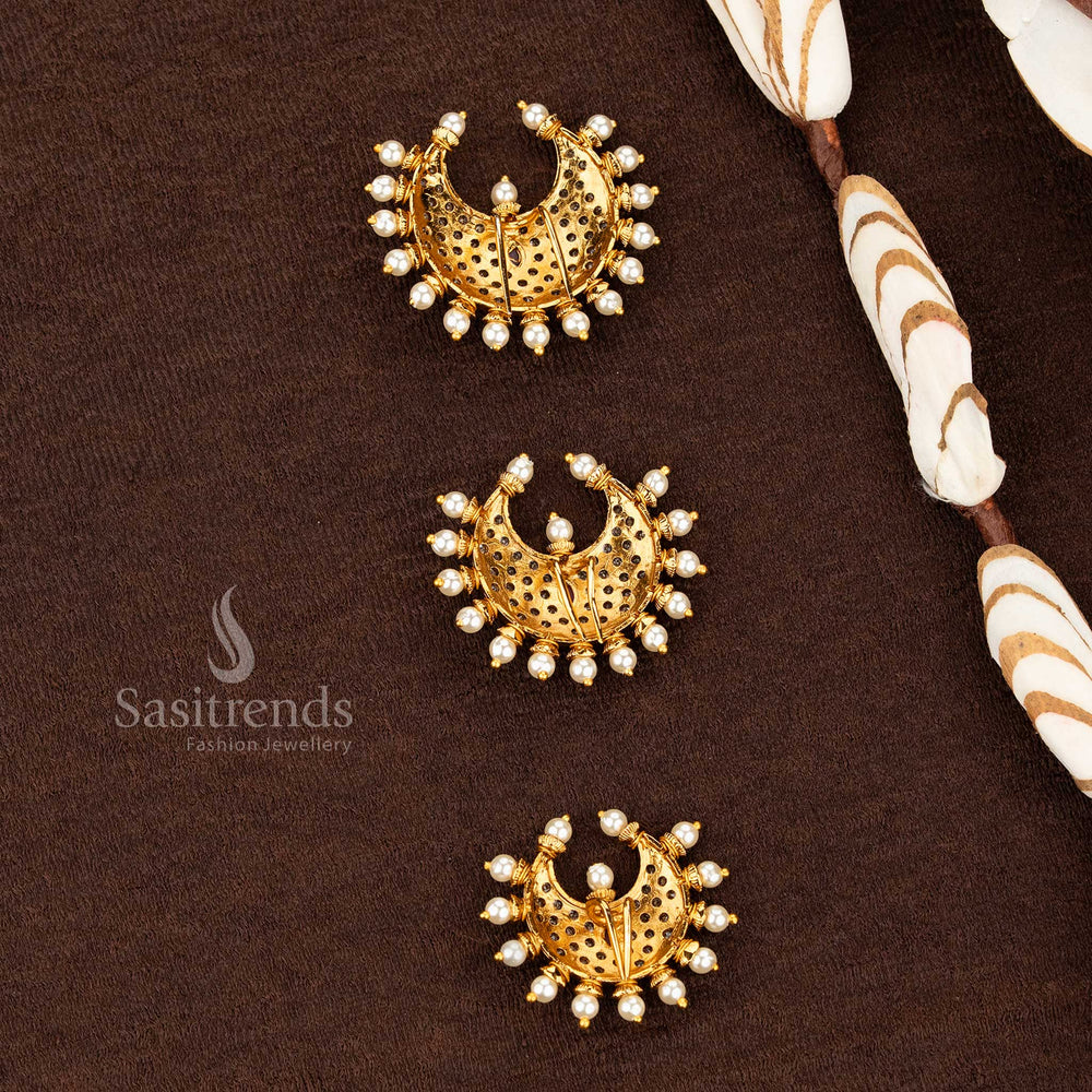Sasitrends temple matte gold plated crescent jadai billai with dense AD stone lattice and pearl drop fringe