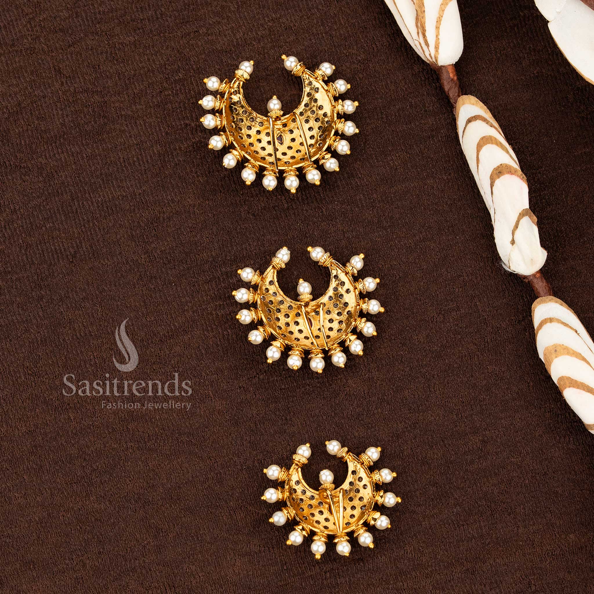 Sasitrends temple matte gold plated crescent jadai billai with dense AD stone lattice and pearl drop fringe
