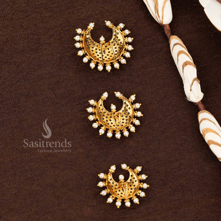 Sasitrends temple matte gold plated crescent jadai billai with dense AD stone lattice and pearl drop fringe