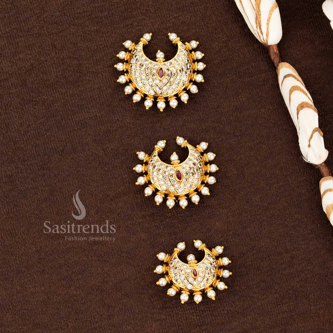 Sasitrends temple matte gold plated crescent jadai billai with dense AD stone lattice and pearl drop fringe