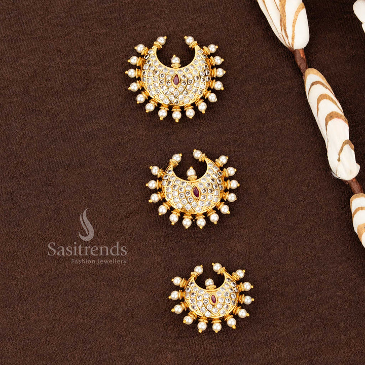 Sasitrends temple matte gold plated crescent jadai billai with dense AD stone lattice and pearl drop fringe