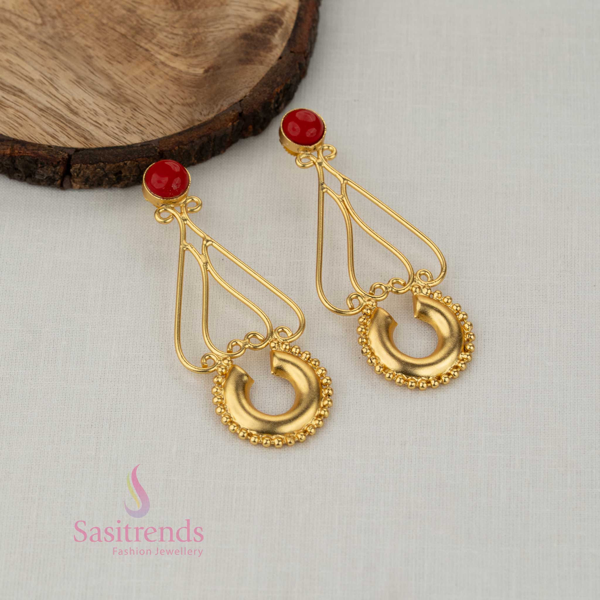Sasitrends gold plated red stone stud drop earrings with open frame and decorative crescent design for girls