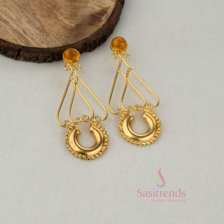 Sasitrends gold plated teardrop frame earrings with yellow stone stud stylish fashion jewellery for girls 