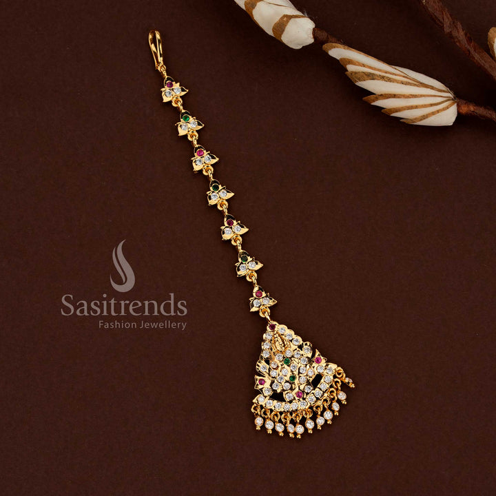 Premium Impon Gati white ruby American diamond stone maang tikka in 24K micro gold plated finish offering guaranteed real gold look for bridal wear wedding ceremonies and temple functions - Sasitrends