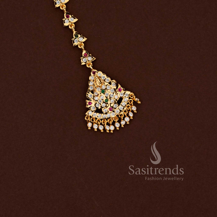 Impon Gati white ruby American diamond stone maang tikka in 24K micro gold plated finish offering guaranteed real gold look for bridal wear wedding ceremonies and temple functions - Sasitrends