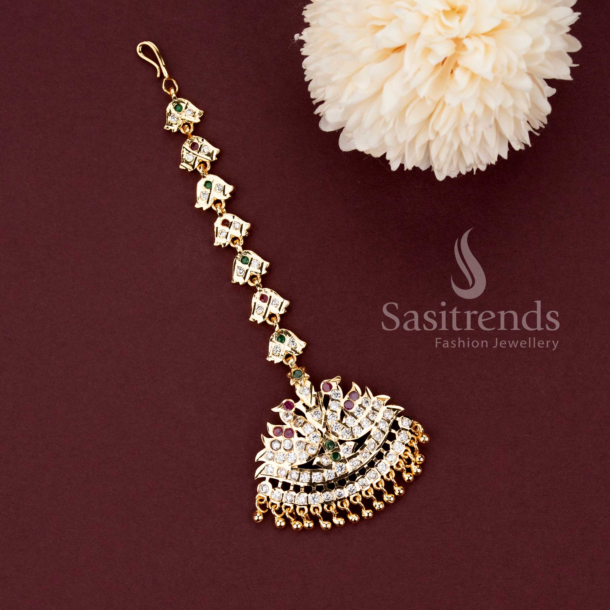 Stylish micro gold plated wedding jewellery maang tikka with brilliant Multi American Diamond stones.