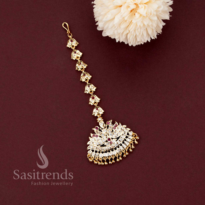 Guaranteed 24 carat look gold plated traditional bridal forehead ornament ensemble for grand silk sarees.