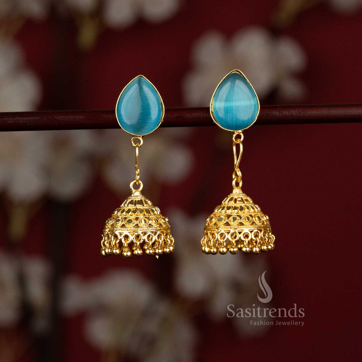 Sasitrends stylish dome gold plated jhumka earrings featuring ocean blue pear decorative motifs