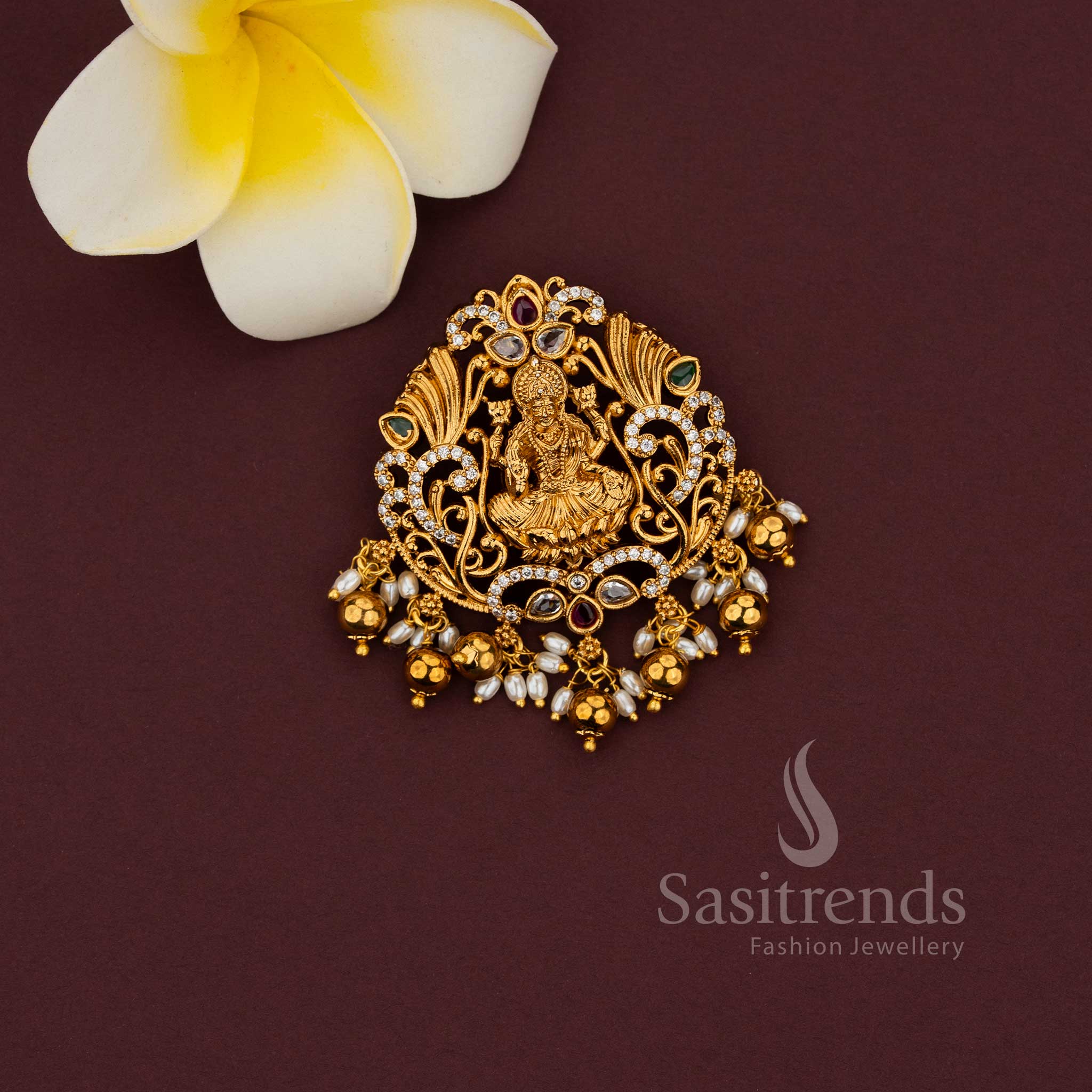 South Indian temple pendant featuring floral Lakshmi design and classic finish - Sasitrends