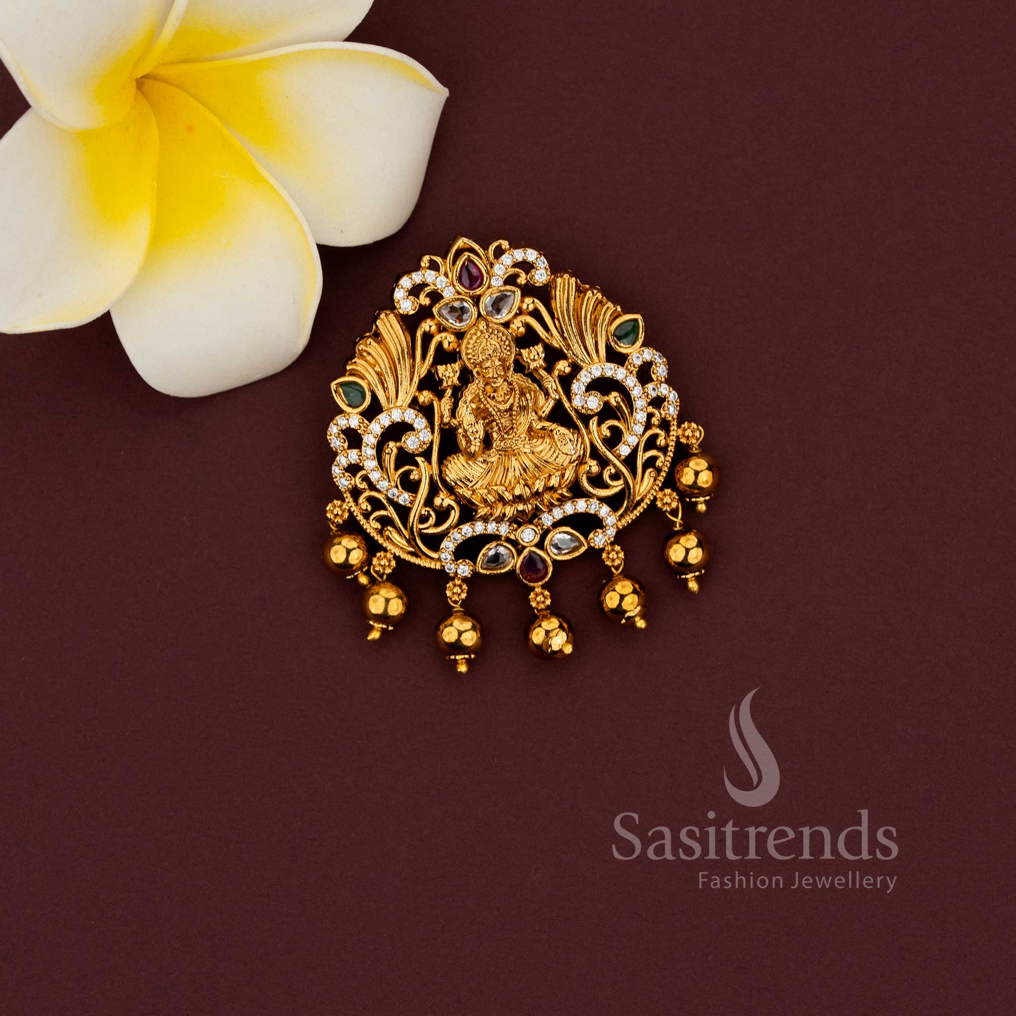 Temple Lakshmi floral matte gold pendant with traditional detailing and bead drops - Sasitrends