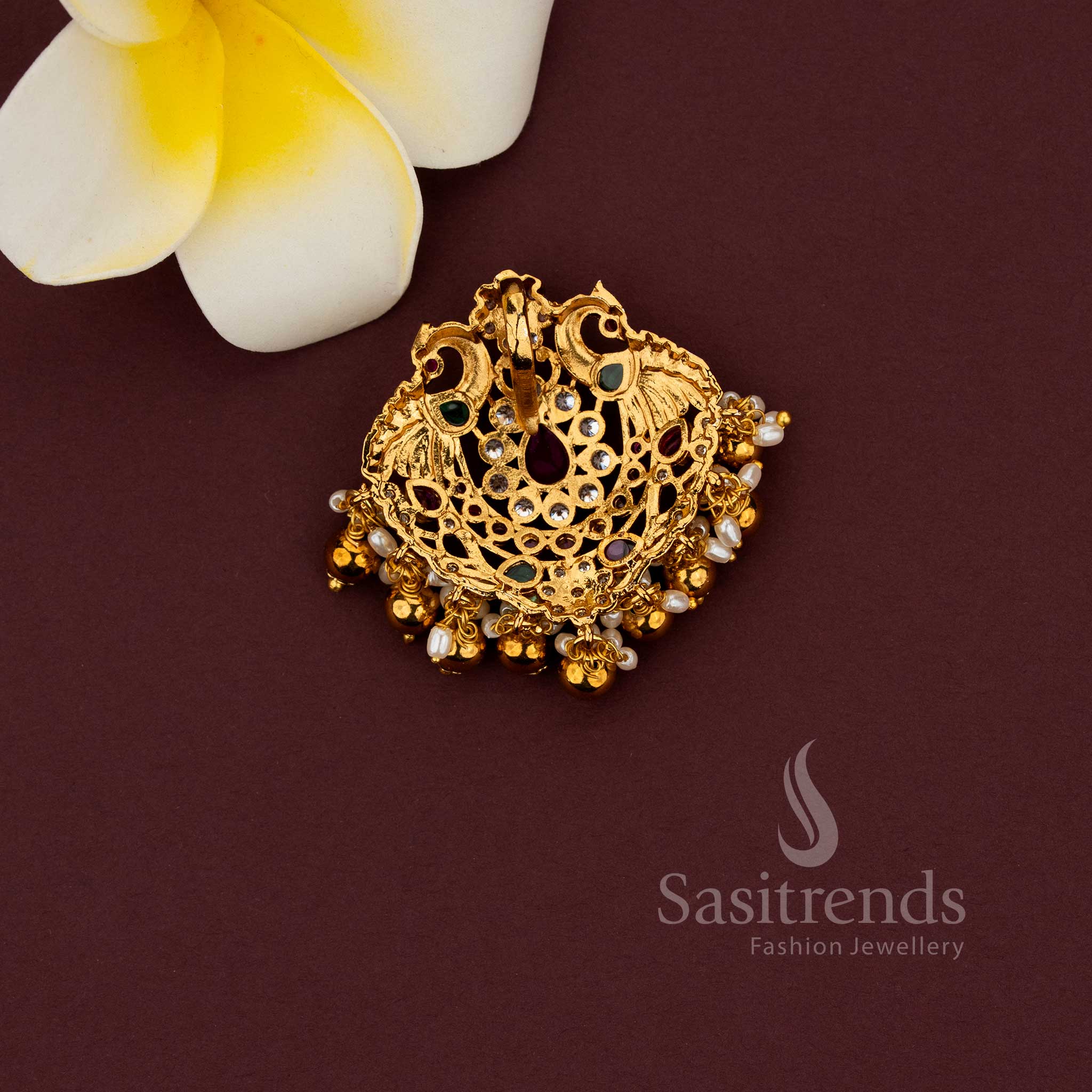Traditional peacock floral motif temple pendant with intricate detailing