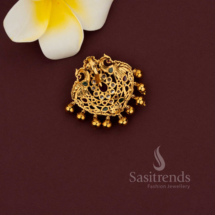 Temple pendant with floral peacock design in matte gold finish