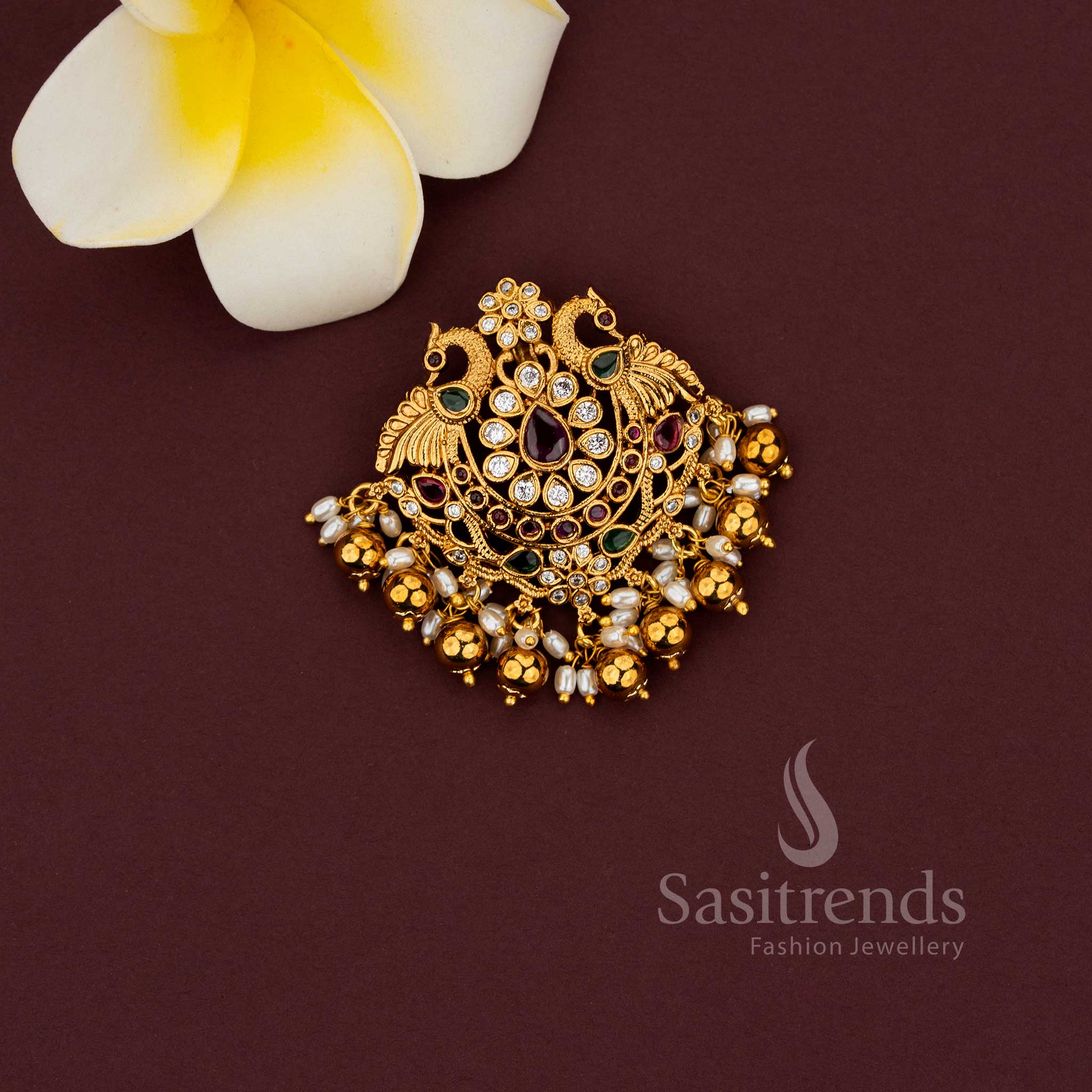 Traditional peacock floral motif temple pendant with intricate detailing - Sasitrends