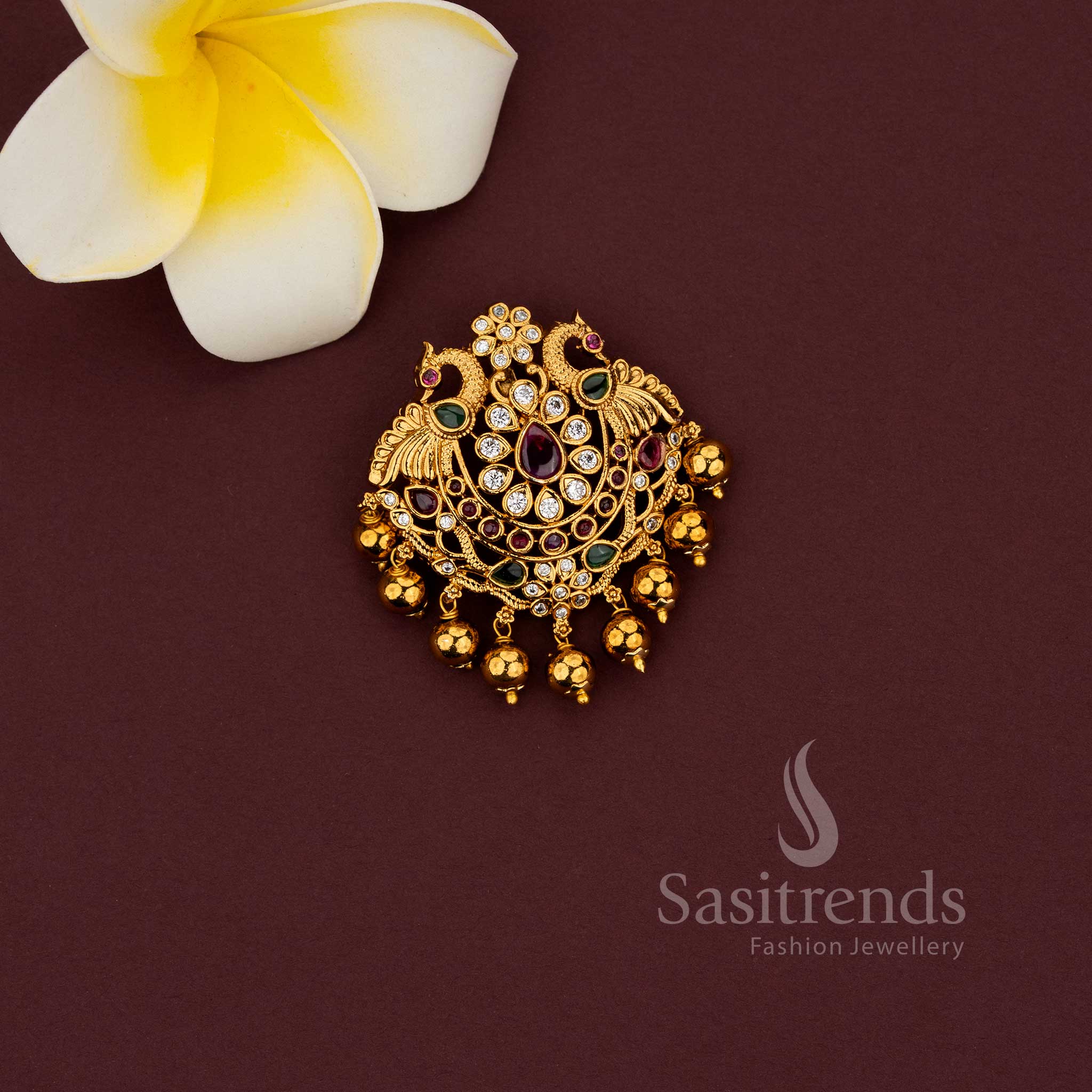 Temple pendant with floral peacock design in matte gold finish - Sasitrends