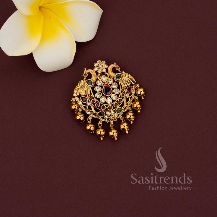 Temple pendant with floral peacock design in matte gold finish - Sasitrends