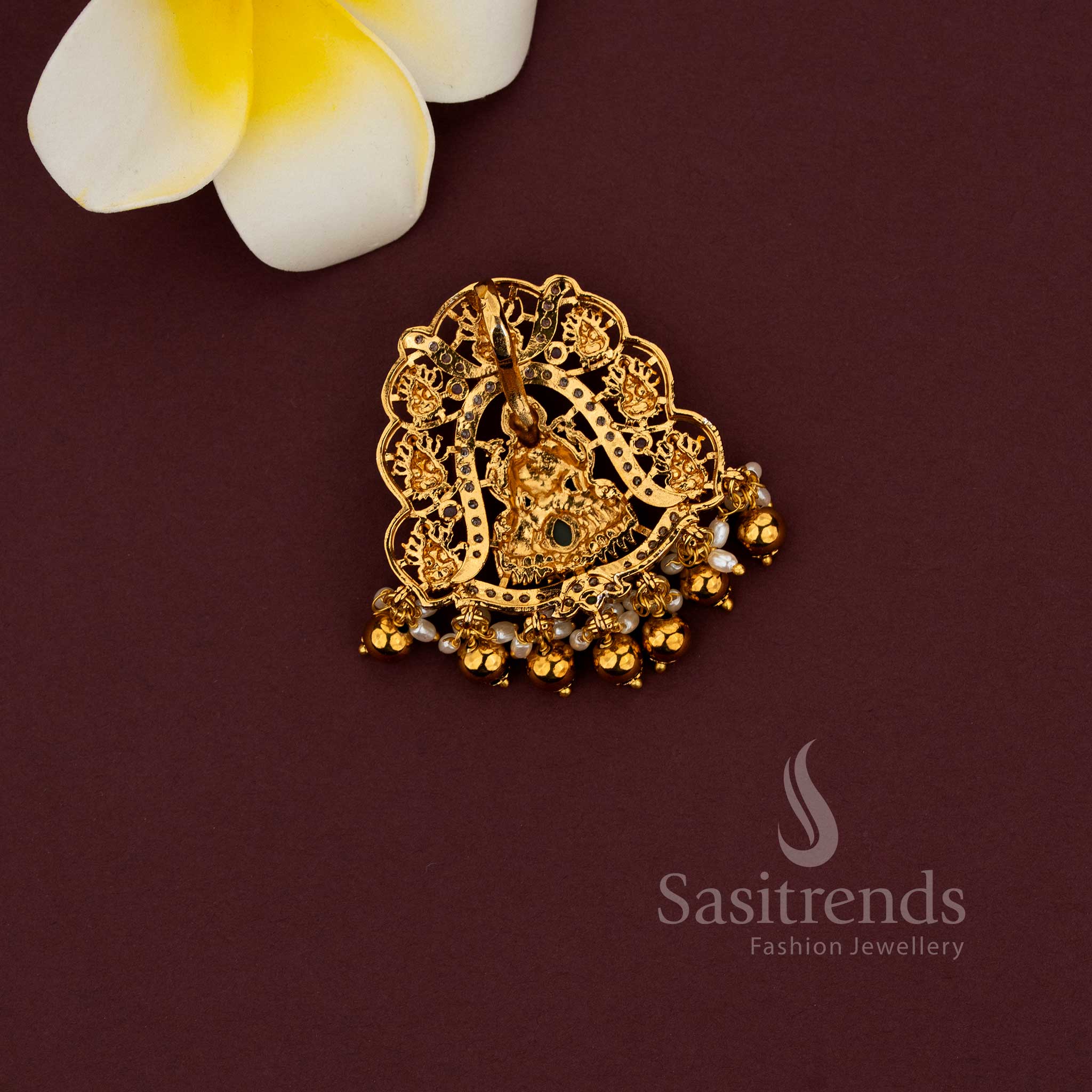 Temple jewellery pendant featuring Gaja Lakshmi motif and intricate detailing - Sasitrends