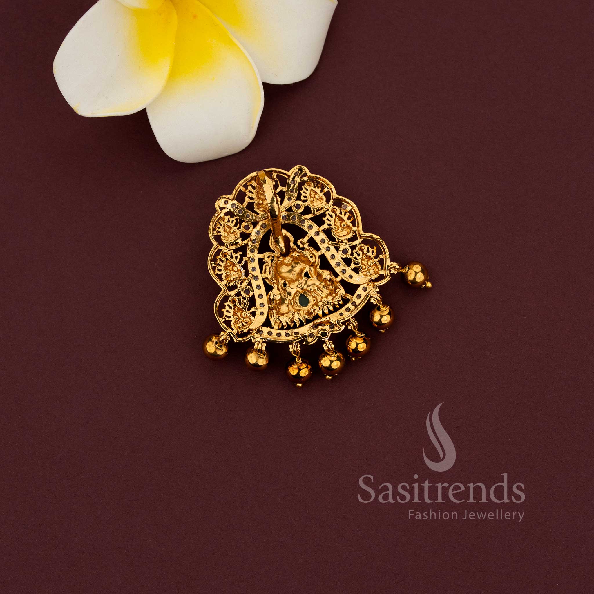 Gaja Lakshmi temple pendant in matte gold finish with traditional design - Sasitrends