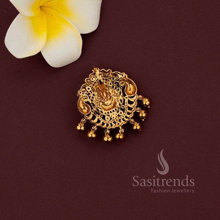 Matte gold temple pendant featuring Lakshmi and peacock combination design 