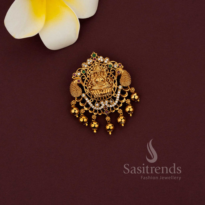 Temple pendant with Lakshmi and side peacock design in matte gold finish 