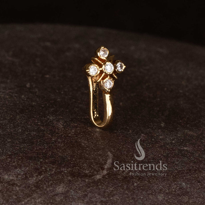 Mesmerizing Impon 24K Micro Gold Plated AD Stone Five Cluster Floral Designer Non Piercing Pressing Nosepin with Star Burst Raised Structure