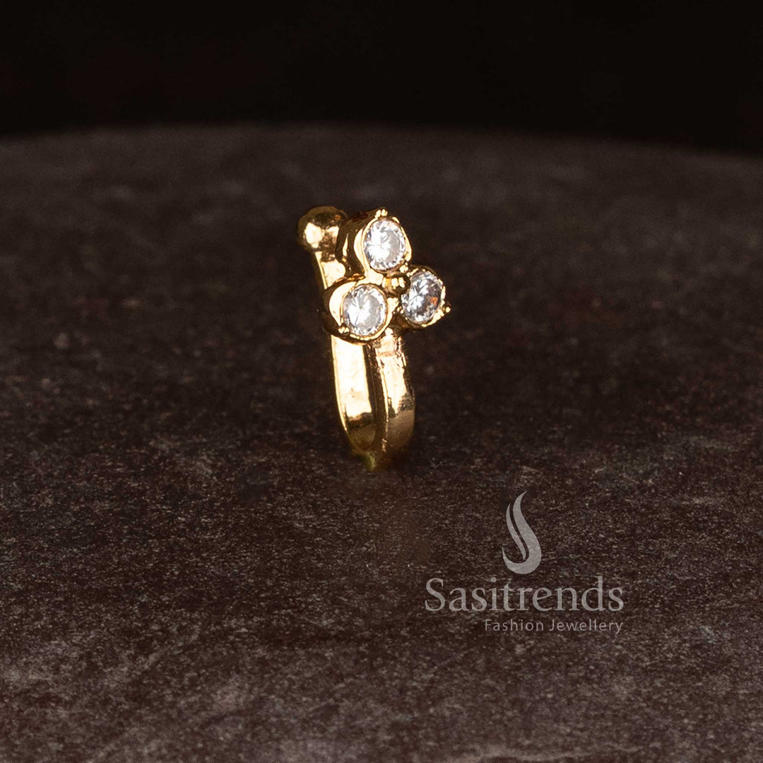 Sasitrends elegant micro gold plated AD stone nosepin with triple stone raised structure and non piercing wear for occasions 