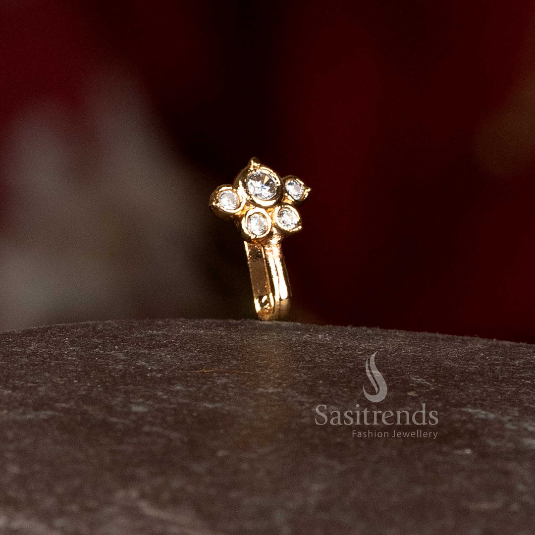 Detailed view of sparkling diamond stone cluster on designer pressing nosepin - Sasitrends