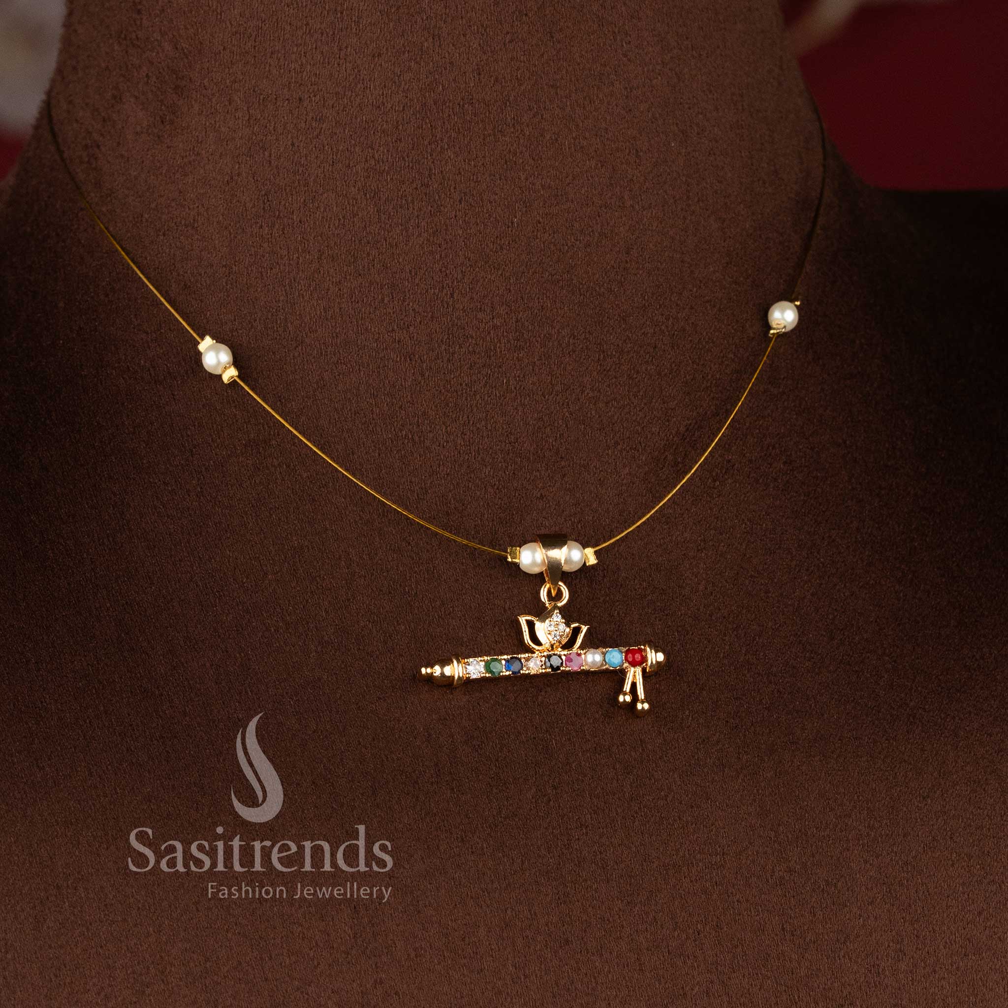 Sasitrends real gold look invisible American diamond 24K micro gold plated pendant necklace designed with pearl bead chain for refined festive jewellery styling