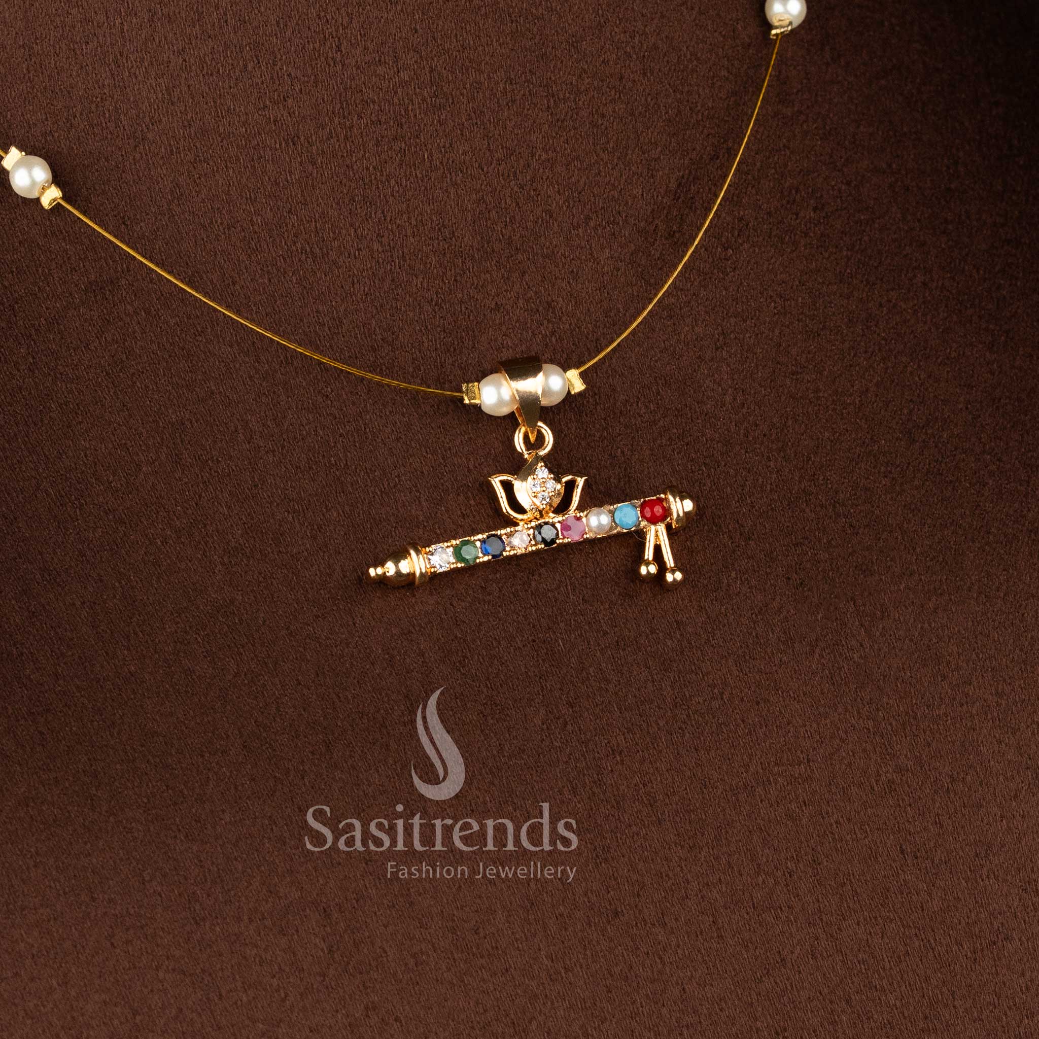 Sasitrends real gold look invisible American diamond 24K micro gold plated pendant necklace designed with pearl bead chain for refined festive jewellery styling