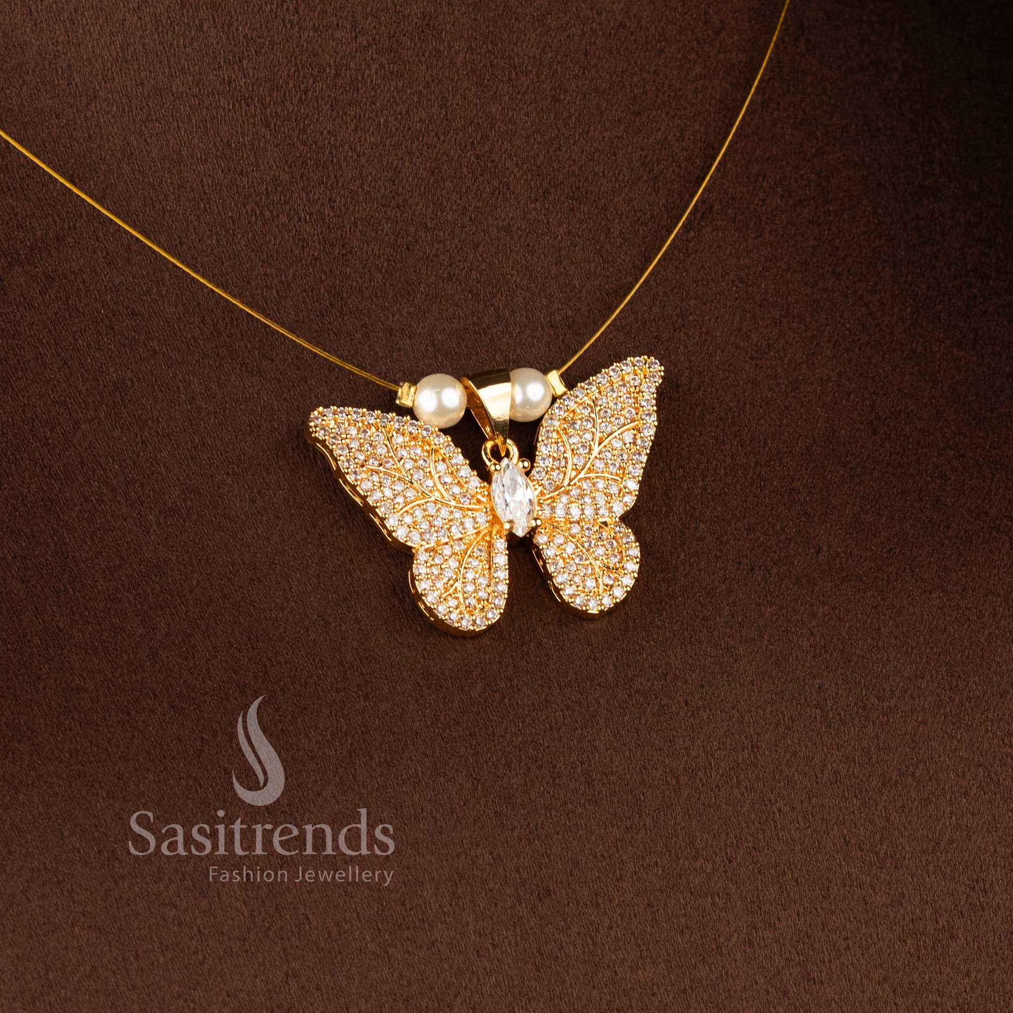 Sasitrends real gold look invisible American diamond 24K micro gold plated pendant necklace designed with pearl bead chain for refined festive jewellery styling