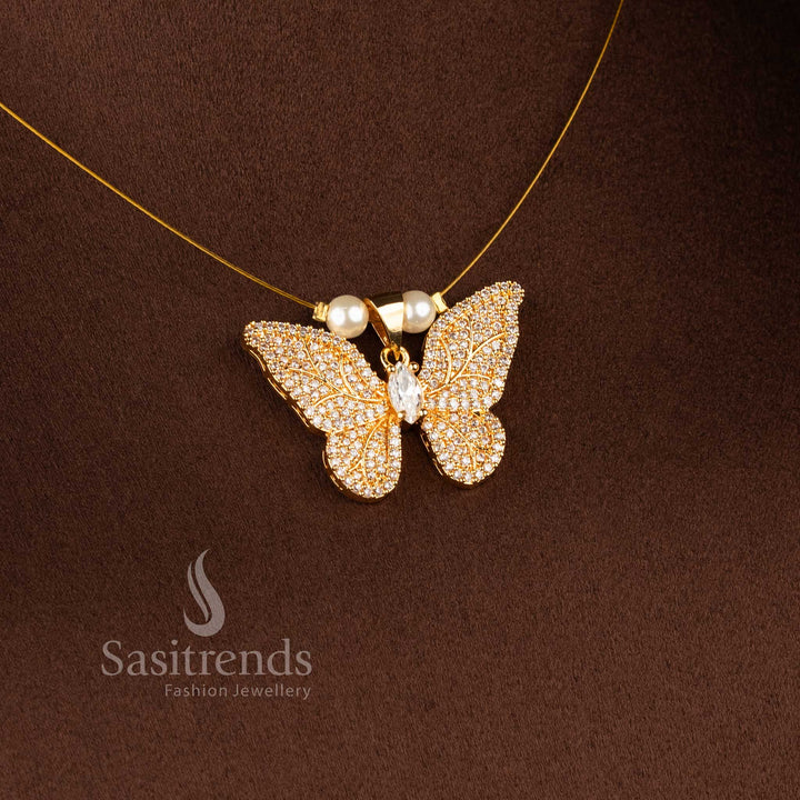 Sasitrends real gold look invisible American diamond 24K micro gold plated pendant necklace designed with pearl bead chain for refined festive jewellery styling