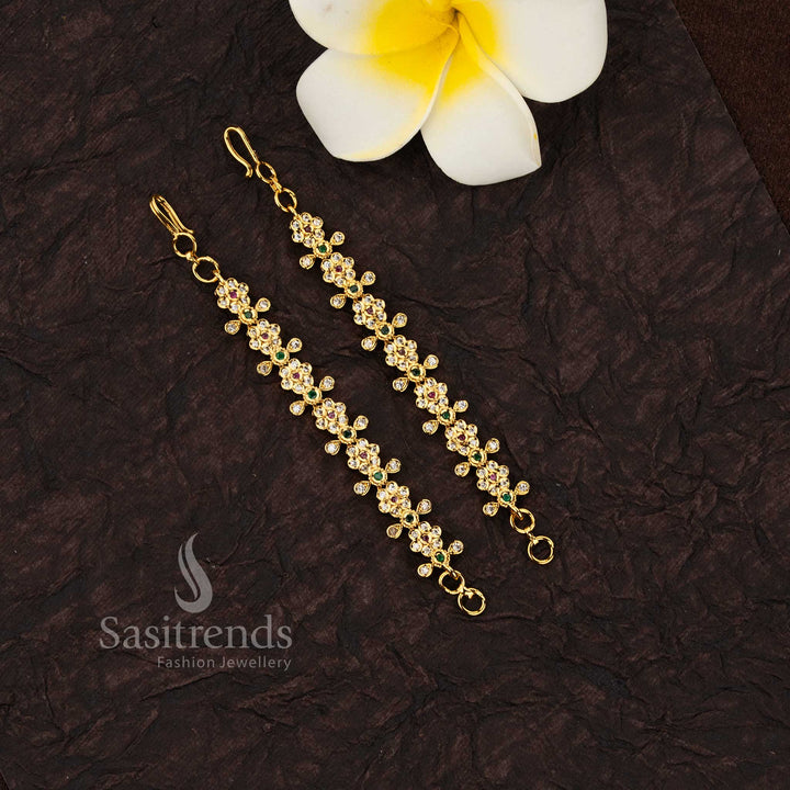 Ethereal Heritage Temple Matte Gold Plated Floral Vine American Diamond Ear Chains (Matil) – Sasitrends