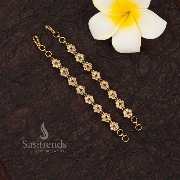 Traditional south indian ear chains with white pearl droplets and multi  stone work - Sasitrends