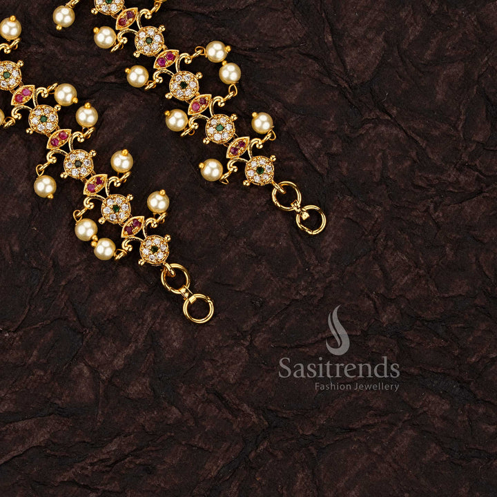Ethereal temple matte gold plated matil featuring delicate pearl clusters and AD stones - Sasitrends