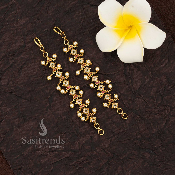Ethereal temple matte gold plated matil featuring delicate pearl clusters and AD stones - Sasitrends