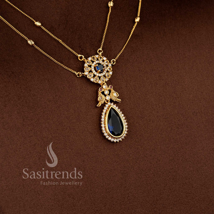 Traditional Two Line Chain Necklace Jewellery Set with American Diamond Stones, blue Center Detailing and Matte Gold Finish - Sasitrends 