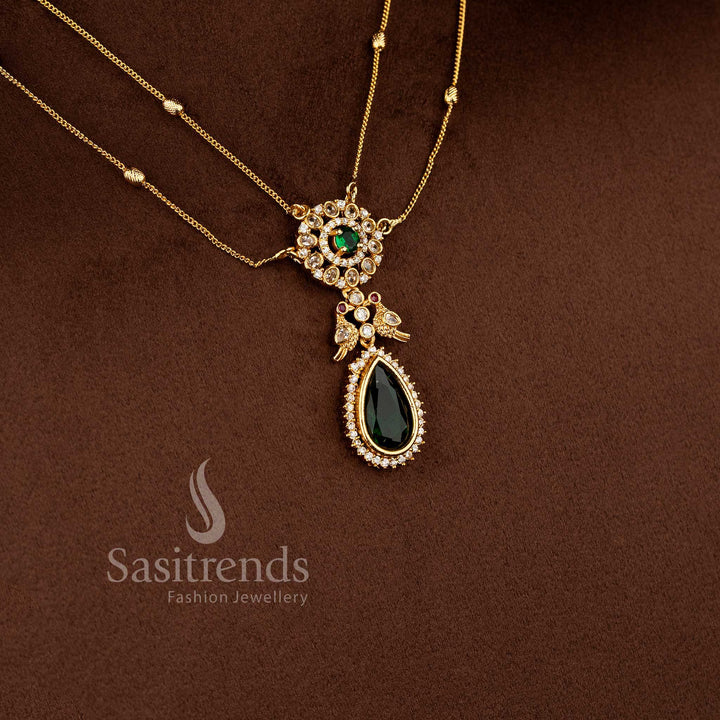 Dual Layer American Diamond Matte Gold Necklace Set featuring Green Stone Accents and Traditional Elegant Styling - Sasitrends