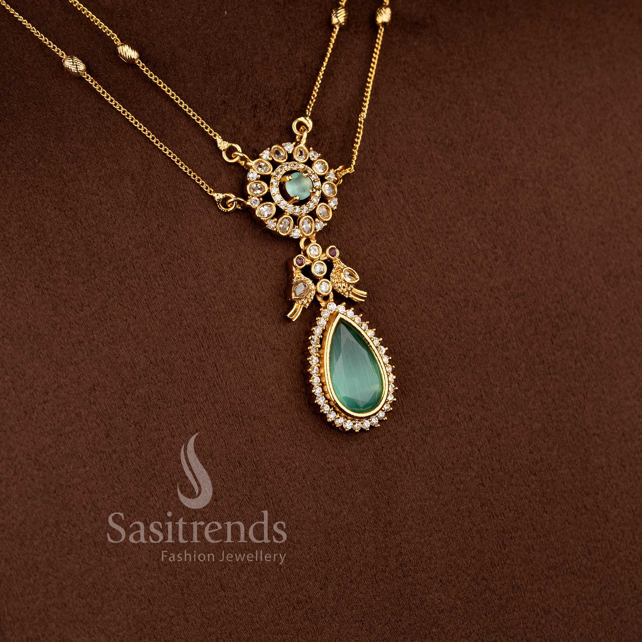 Elegant American Diamond Matte Gold Two Line Chain Necklace Set with Mint Stone Detailing and Dual Layer Traditional Jewellery Design - Sasitrends