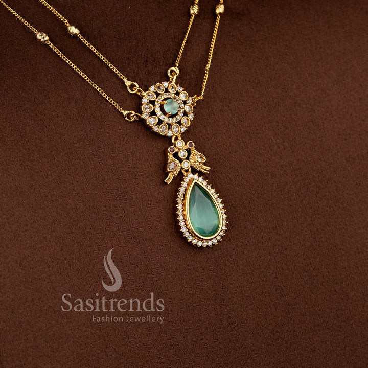 Elegant American Diamond Matte Gold Two Line Chain Necklace Set with Mint Stone Detailing and Dual Layer Traditional Jewellery Design - Sasitrends