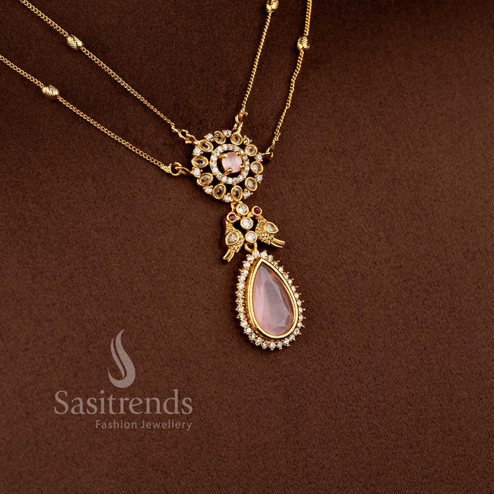 Traditional Two Line Chain Necklace Jewellery Set with American Diamond Stones, Pink Center Detailing and Matte Gold Finish - Sasitrends