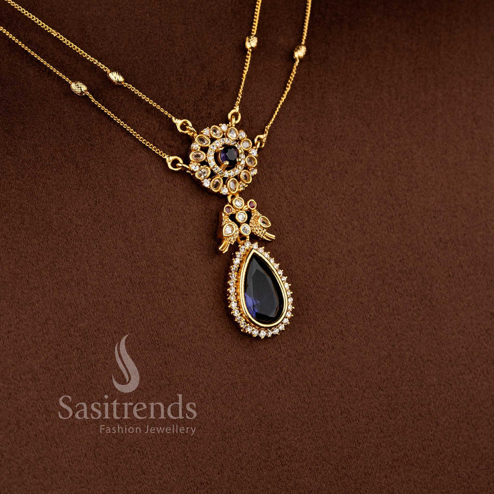 Elegant American Diamond Matte Gold Two Line Chain Necklace Set with Purple Stone Detailing and Dual Layer Traditional Jewellery Design - Sasitrends