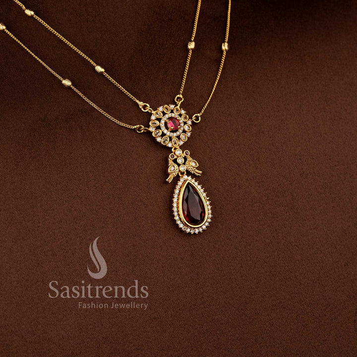Elegant American Diamond Matte Gold Two Line Chain Necklace Set with Ruby Stone Detailing and Dual Layer Traditional Jewellery Design - Sasitrends