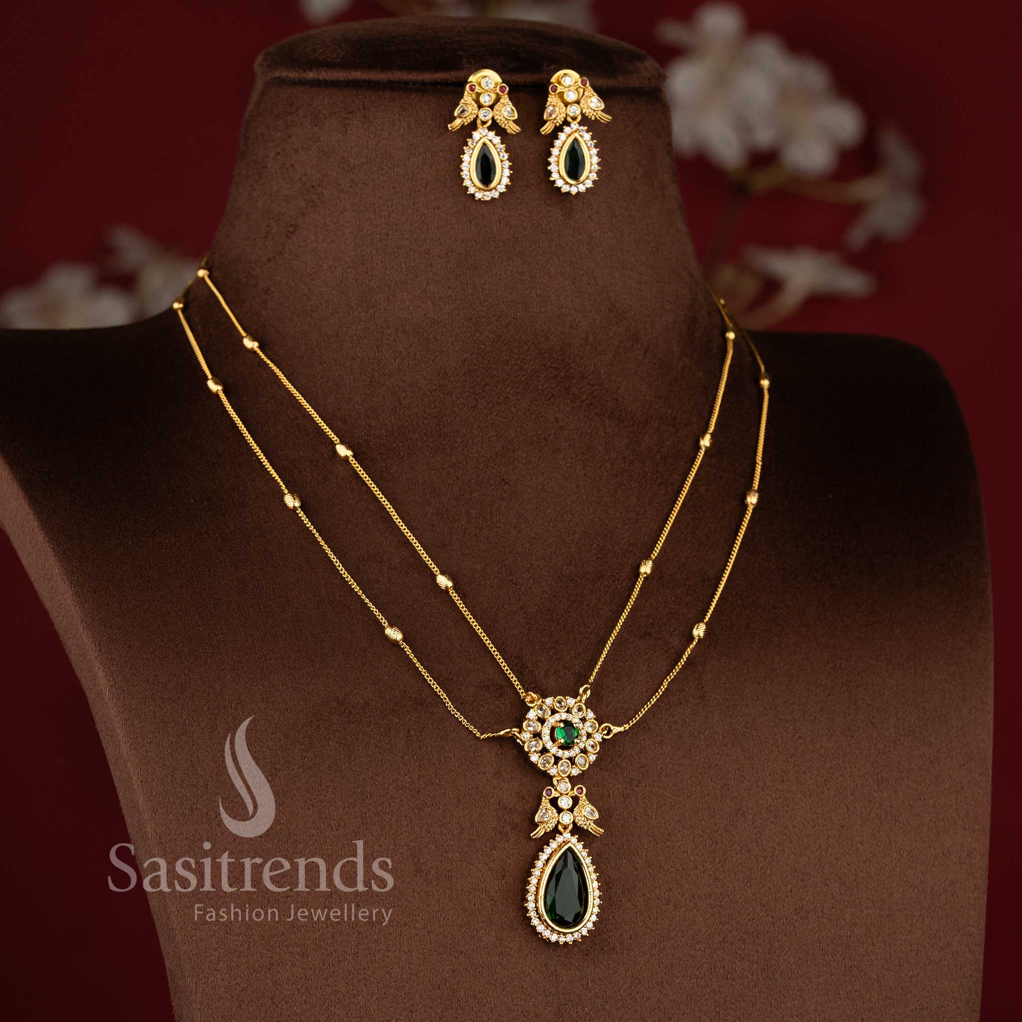 Dual Layer American Diamond Matte Gold Necklace Set featuring Green Stone Accents and Traditional Elegant Styling - Sasitrends