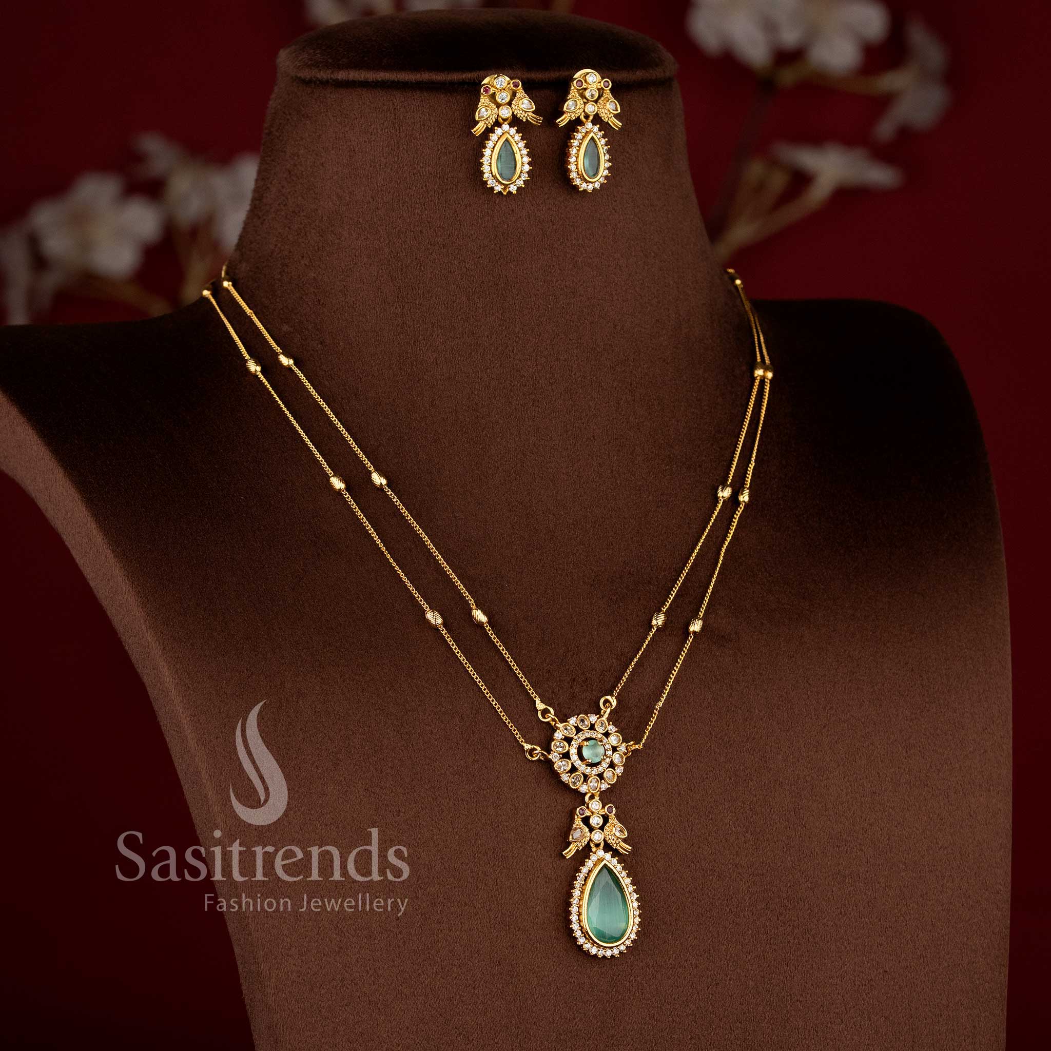 Elegant American Diamond Matte Gold Two Line Chain Necklace Set with Mint Stone Detailing and Dual Layer Traditional Jewellery Design - Sasitrends