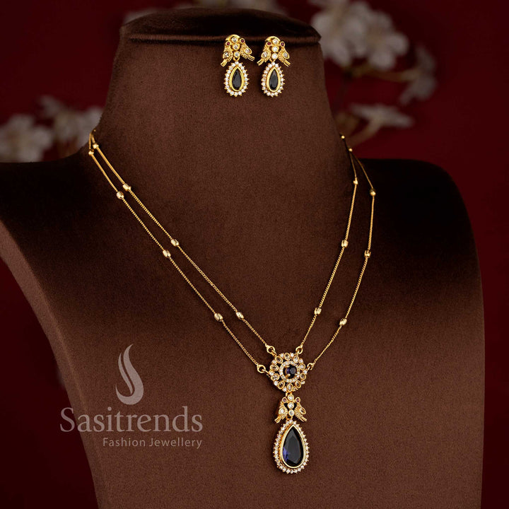 Traditional Two Line Chain Necklace Jewellery Set with American Diamond Stones, Purple Center Detailing and Matte Gold Finish - Sasitrends