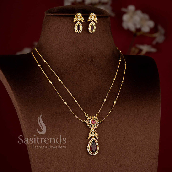 Elegant American Diamond Matte Gold Two Line Chain Necklace Set with Ruby Stone Detailing and Dual Layer Traditional Jewellery Design - Sasitrends