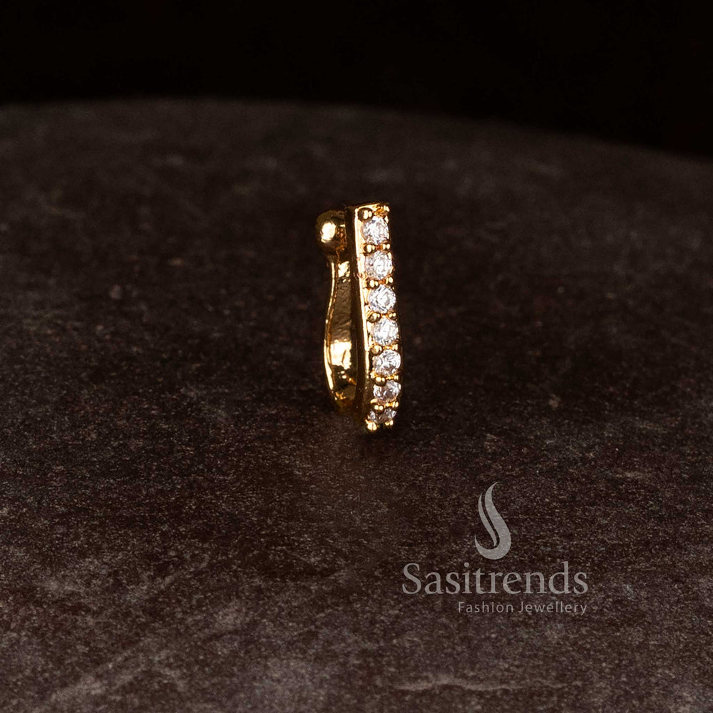 Sasitrends 24K gold finish impon nosepin featuring linear AD stone design and smooth curved non piercing mechanism  