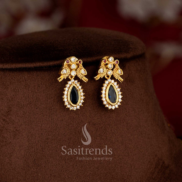 Traditional Two Line Chain Necklace Jewellery Set with American Diamond Stones, blue Center Detailing and Matte Gold Finish - Sasitrends 