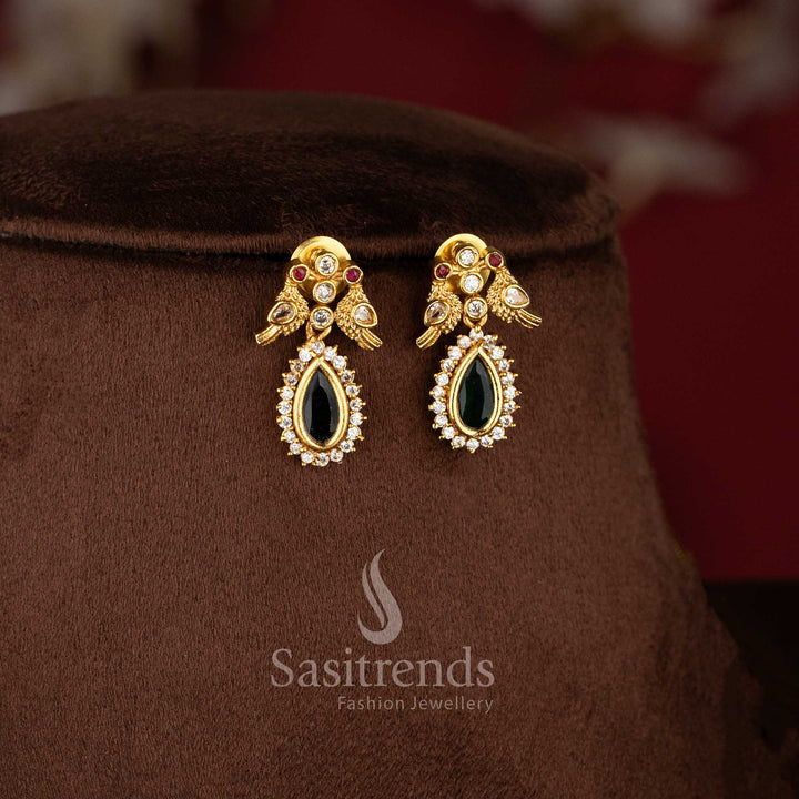 Dual Layer American Diamond Matte Gold Necklace Set featuring Green Stone Accents and Traditional Elegant Styling - Sasitrends