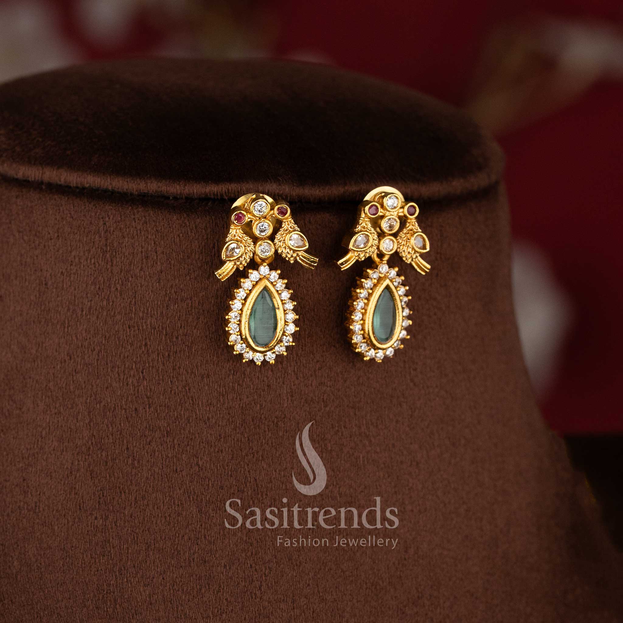 Traditional Two Line Chain Necklace Jewellery Set with American Diamond Stones, Mint Center Detailing and Matte Gold Finish - Sasitrends