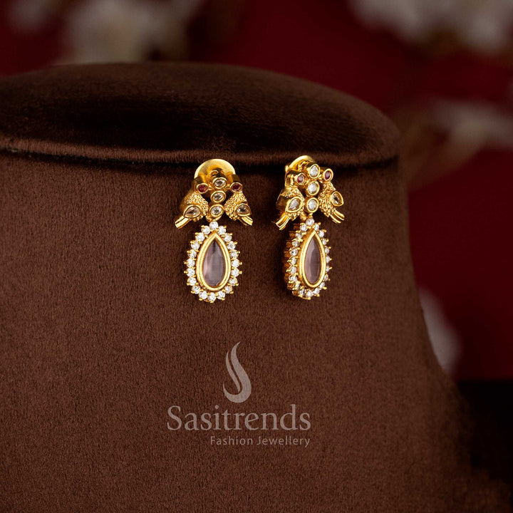 Dual Layer American Diamond Matte Gold Necklace Set featuring Pink Stone Accents and Traditional Elegant Styling - Sasitrends